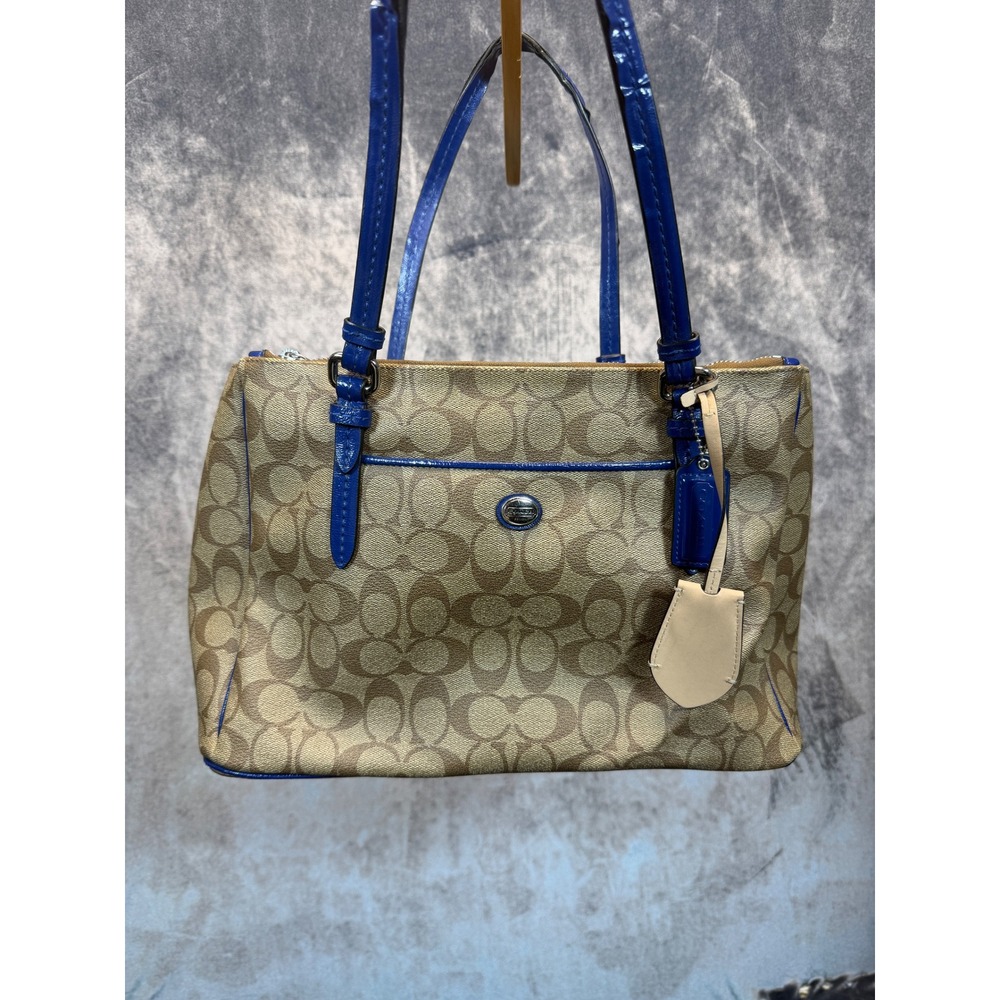 Coach Tote Bag Womens Brown Blue Regular Medium Signature C Monogram Purse Zip